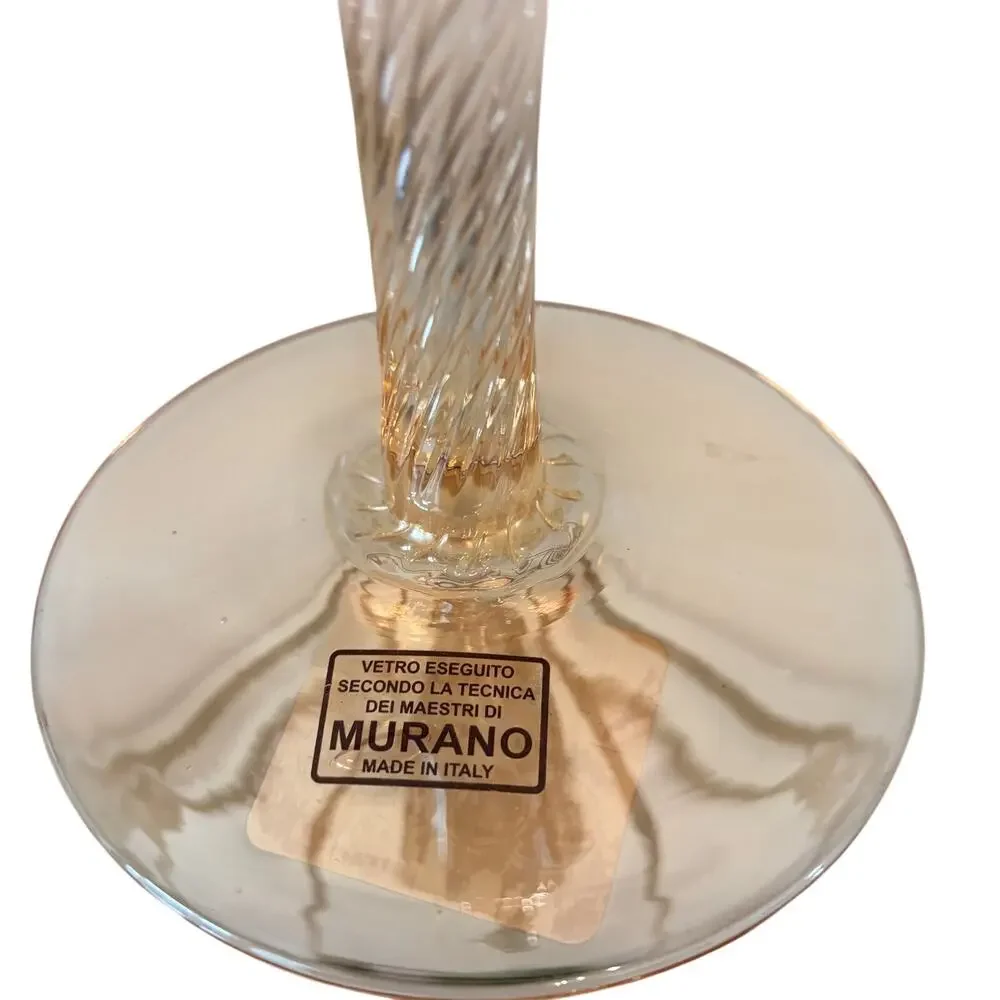 Italian Hand Blown Murano Art Glass Green Tulip Candle Holder Amber Stem 13